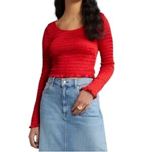 Open Edit Smocked Scrunched Scoop Neck Long Sleeve Top Red Bodycon NWT